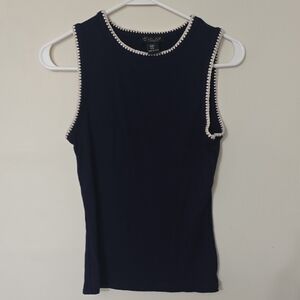 Rachel Zoe Navy Sleeveless Tank with White Picot Trim